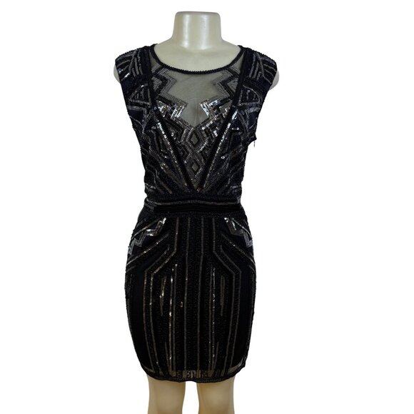 Unknown Dresses & Skirts - Black Sequin Mesh Sleeveless Mini Dress W Geometric Pattern Cocktail Party Sz XL